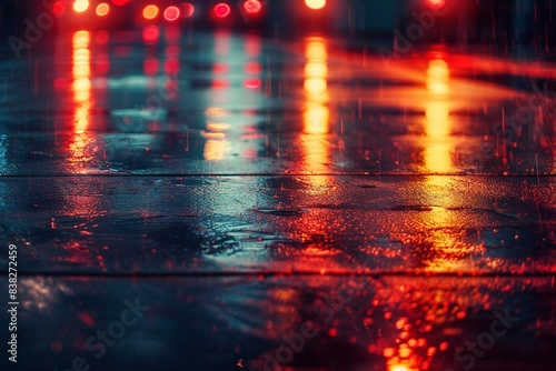 Light effect, blurred background. Wet asphalt, night view of the city, neon reflections on the concrete floor. Generative ai © FDStock