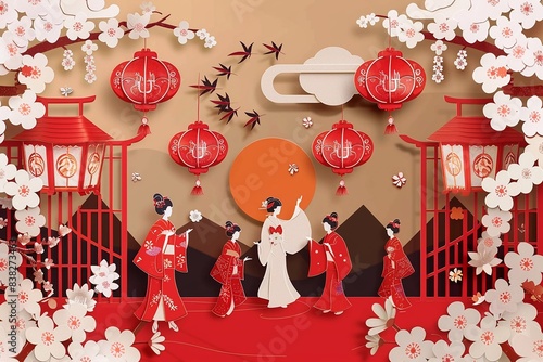 Japanese Obon festival vector paper cut design featuring traditional elements like lanterns, flowers, and dancing figures photo