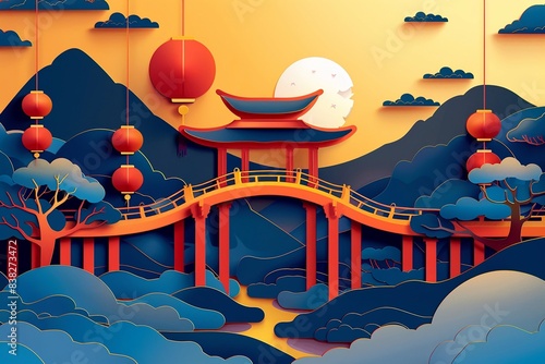 Vector paper cut illustration of Obon, capturing the essence of Japanese cultural celebrations with lanterns and serene landscapes photo