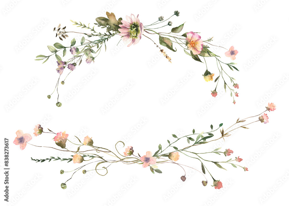 Naklejka premium Watercolor Midsummer floral Bouquets collection with hand painted delicate leaves, wildflowers. Romantic floral arrangements perfect for wedding invitation. High quality PNG illustration.