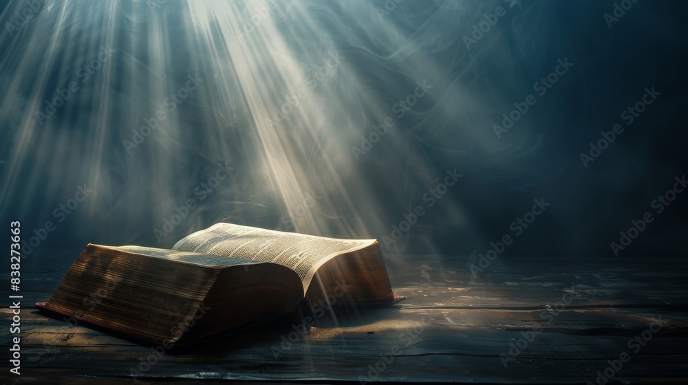 The Bible on a dark background with rays of light. The Bible on a dark background with rays of light.