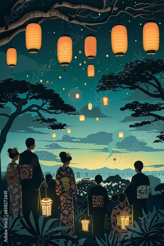 Obon festival vector paper cut art depicting families in kimonos gathering around graves, with floating lanterns in the background photo