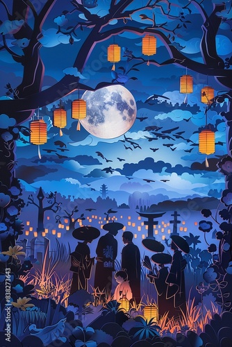 Obon festival vector paper cut art depicting families in kimonos gathering around graves, with floating lanterns in the background photo