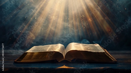 The Bible on a dark background with rays of light.