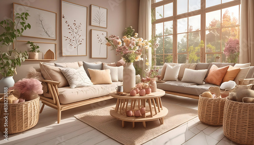 casual living room The setting should feel warm and welcoming, with natural light coming through windows and a cozy