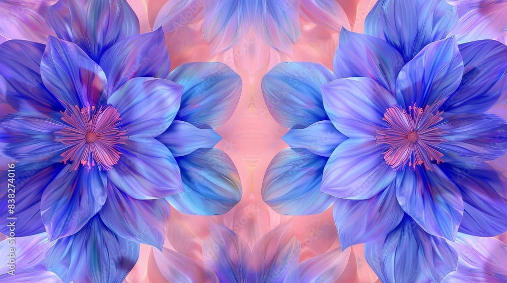 Obraz premium An abstract pattern of blue and purple flowers on a soft pink background. The vibrant colors and symmetrical design create a visually appealing and modern artwork.