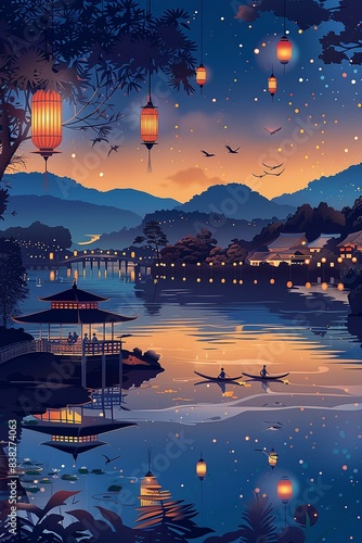 Vector paper cut illustration of Obon, capturing the essence of Japanese cultural celebrations with lanterns, serene landscapes, and festive lights photo