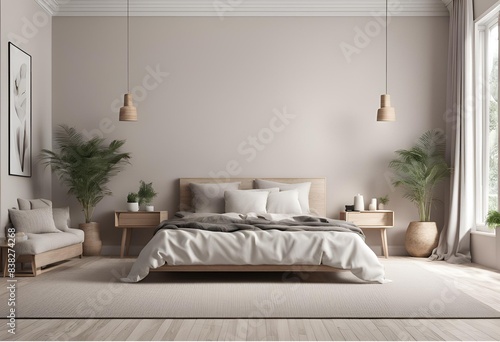  Home mock up featuring a modern bedroom interior background in a 3D render for realistic visualization. 