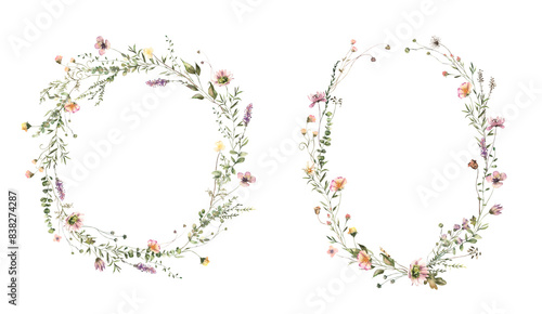 Watercolor Midsummer floral Wreaths collection with hand painted delicate leaves, flowers. Romantic floral arrangements perfect for wedding greeting cards, invitation. High quality PNG illustration.