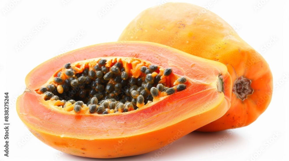 papaya with a slice cut out isolated on white background. fresh fruit healthy food conecpt papaya with a slice cut out isolated on white background. fresh fruit healthy food conecpt