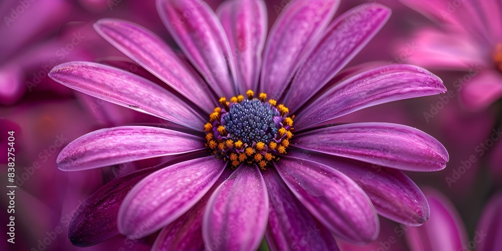 Closeup view of large purple flower with many yellow petals. Concept Closeup Shot, Purple Flower, Yellow Petals Closeup view of large purple flower with many yellow petals. Concept Closeup Shot, Purple Flower, Yellow Petals