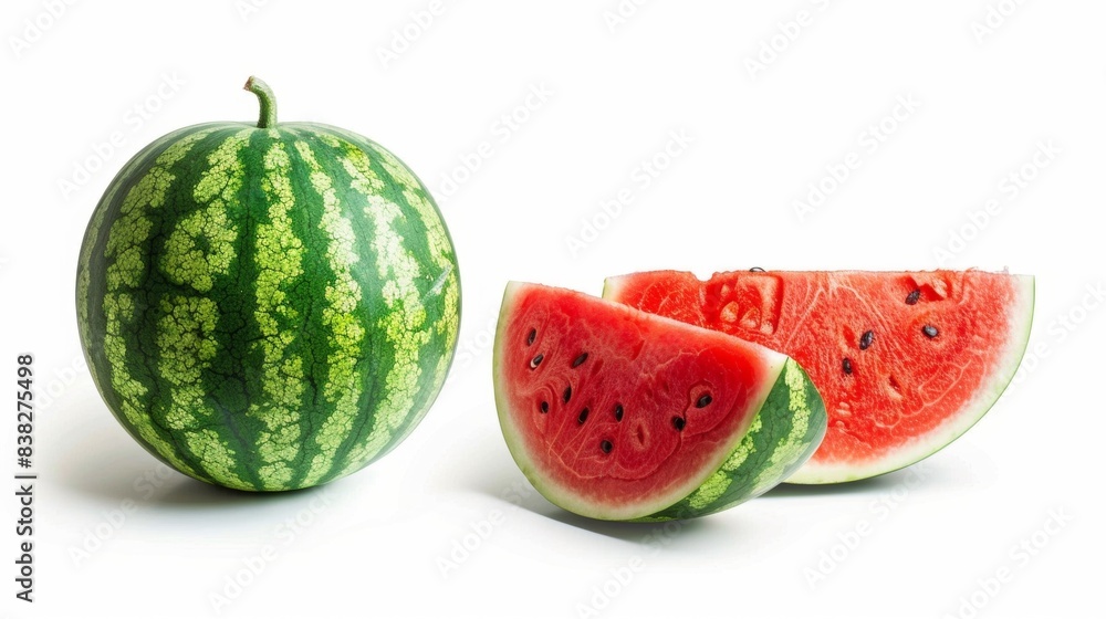 whole watermelon with a slice cut out isolated on white background. fresh fruit healthy food conecpt whole watermelon with a slice cut out isolated on white background. fresh fruit healthy food conecpt