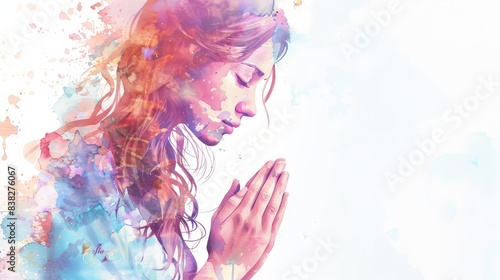 Watercolor image of a young beautiful praying woman on a white background.