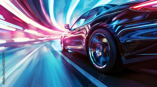 sleek blue business car speeding through highway turn dynamic rushing motion aigenerated digital illustration