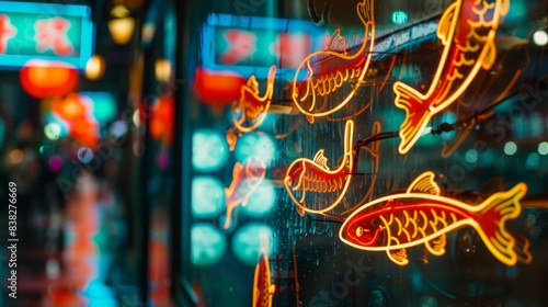 Vibrant neon sign with koi fish