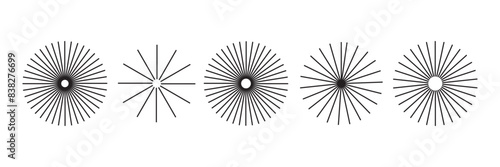 PriRadial circle lines. Circular radiating lines geometric element. Sun star rays symbol. Abstract geometric shapes. Design element. Vector illustration isolated on white background. EPS 10