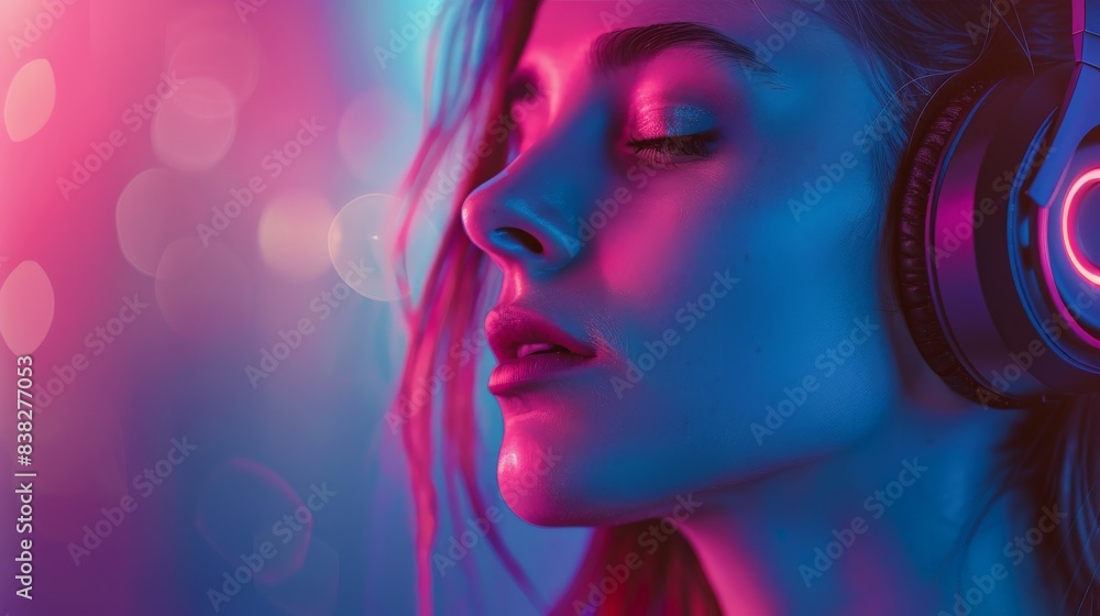 Beauty young woman in headphones listening to the music poster with copy space.