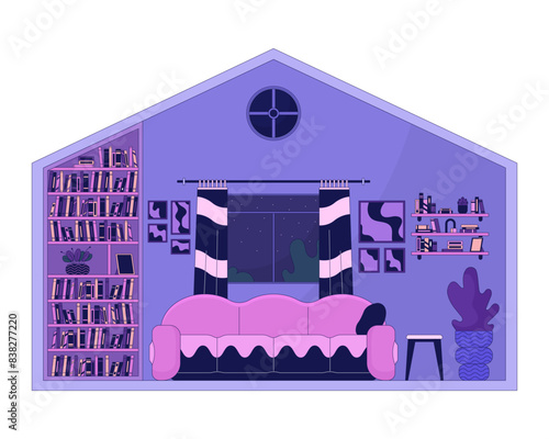 Empty living room of residential house 2D linear cartoon object. Comfortable apartment interior isolated line vector element white background. Lo fi domestic life color flat spot illustration