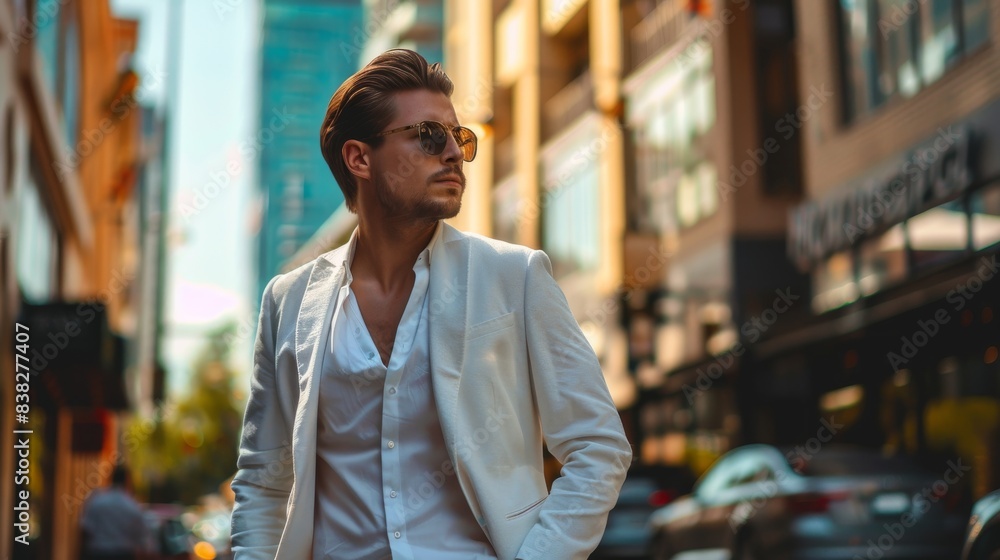 Fashionable man wearing sunglasses in an urban setting Fashionable man wearing sunglasses in an urban setting