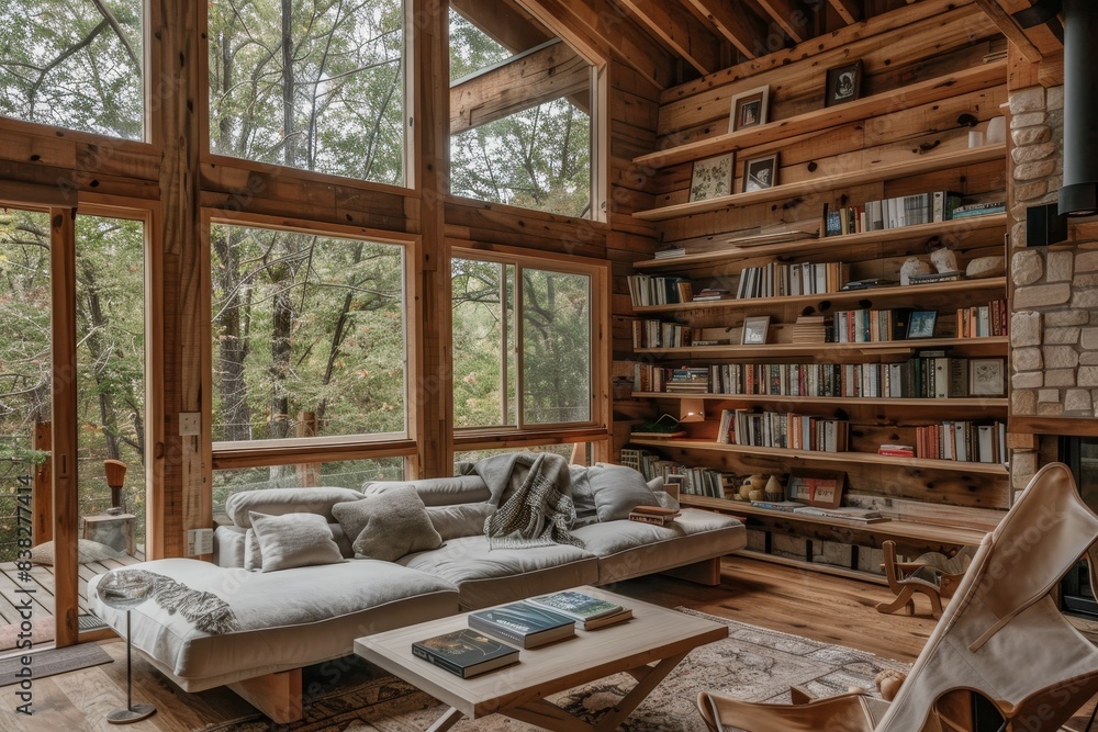 Serene mountain cabin with large windows and bookshelves filled with nature guides generated by AI Serene mountain cabin with large windows and bookshelves filled with nature guides generated by AI