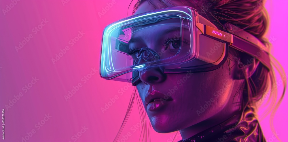 A woman looks into the world of metaverse augmented reality through a Google headset A woman looks into the world of metaverse augmented reality through a Google headset