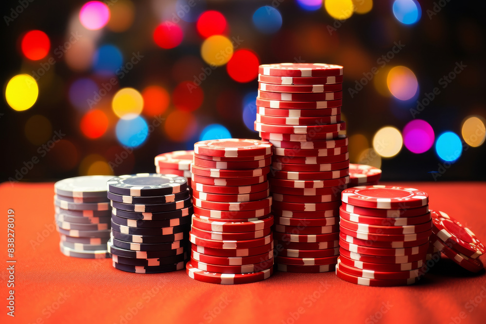 Close-up of vibrant casino chips stacked on a gambling table, colorful chip stacks background and gambler's hands. poker texas hold 'em strategy hand investment investment pot Close-up of vibrant casino chips stacked on a gambling table, colorful chip stacks background and gambler's hands. poker texas hold 'em strategy hand investment investment pot
