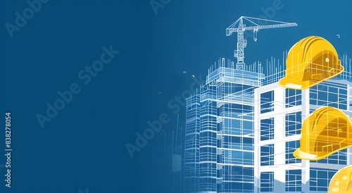blue background with white buildings and yellow construction helmets floating
