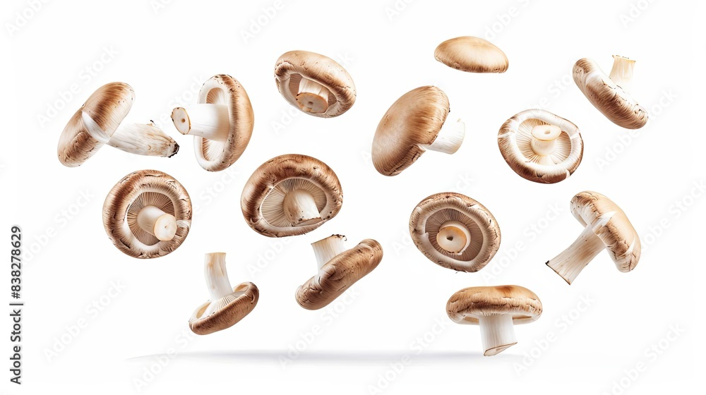 sliced shiitake mushrooms floating in the air isolated on white background creative food illustration sliced shiitake mushrooms floating in the air isolated on white background creative food illustration