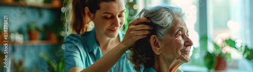 Middle-aged daughter gently combing hair of mother exhibiting Alzheimers symptoms, a tender moment captured in care facility