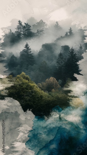 The misty forest, the trees acquire soft, dreamy shades, and the fog lives its own life. photo