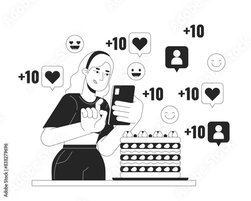 Dessert influencer woman black and white 2D illustration concept. Blonde female taking photo of cake cartoon outline character isolated on white. Social media popularity metaphor monochrome vector art