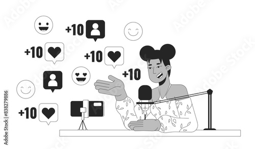 Popular podcaster talking into mic black and white 2D illustration concept. Black female content creator cartoon outline character isolated on white. Social media metaphor monochrome vector art