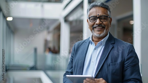 smiling middleaged indian ceo using tablet in office professional business portrait