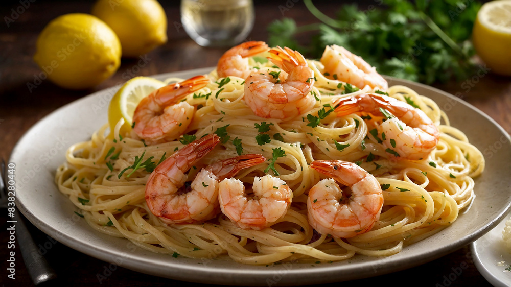 Shrimp Scampi dish featuring shrimp cooked in garlic, butter, and white wine, often served over pasta Shrimp Scampi dish featuring shrimp cooked in garlic, butter, and white wine, often served over pasta