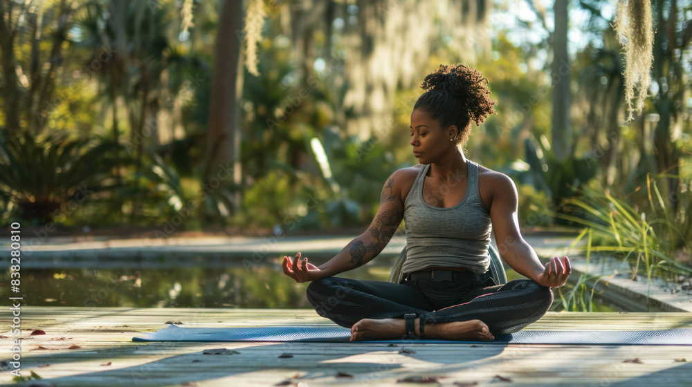 Fototapeta premium Empowering Yoga Practice: Disabled Woman Finding Serenity Outdoors