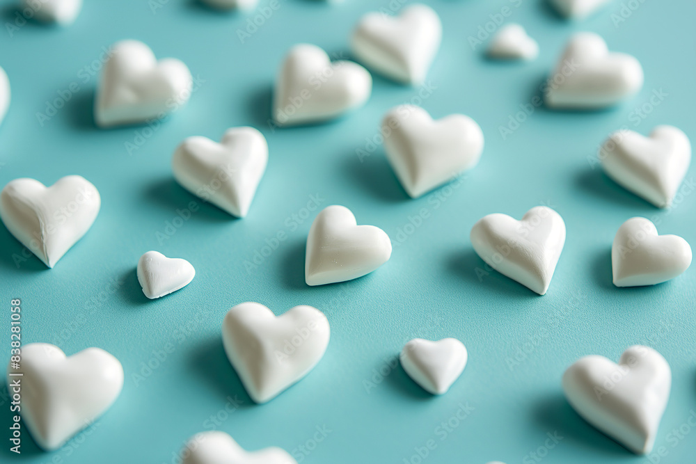 Valentines day flat lay. Stylish white hearts composition on blue paper background. Creative love banner Valentines day flat lay. Stylish white hearts composition on blue paper background. Creative love banner