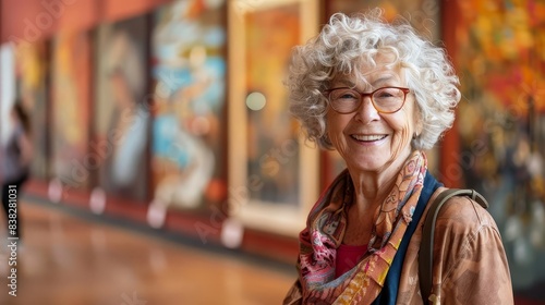 smiling senior woman in art museum hall lifestyle photography