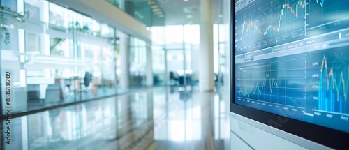 a large monitor with stock market indicators and charts on an abstract blurred background of a modern bright steel and glass office with trendy furniture and new computers with sunlight. Generative ai