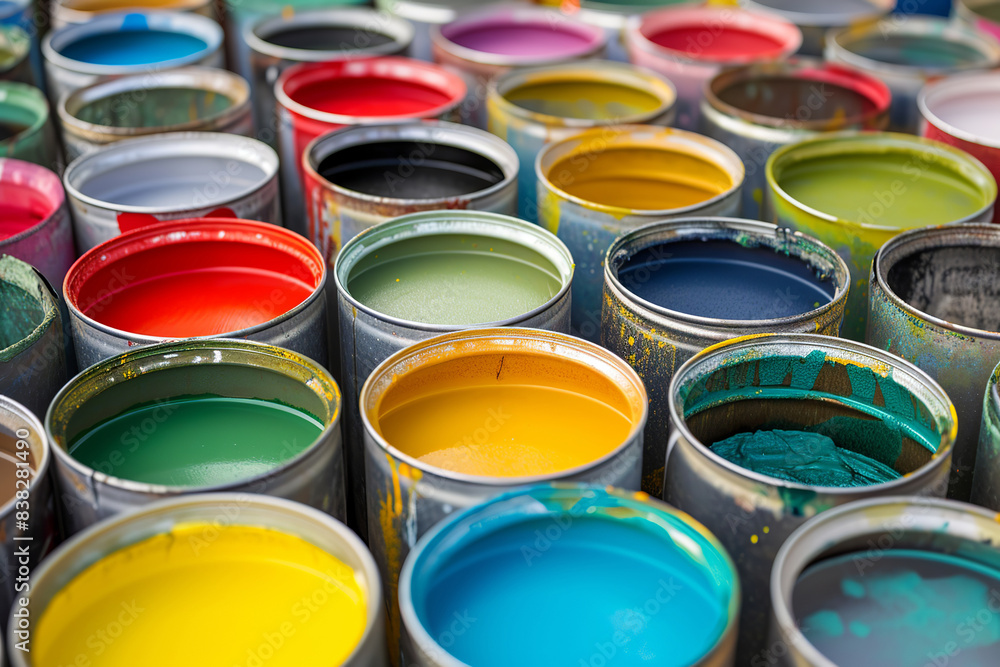 Open cans of color paint. Open cans with bright multicolored paints arranged on colorful geometric background. Open cans of color paint. Open cans with bright multicolored paints arranged on colorful geometric background.