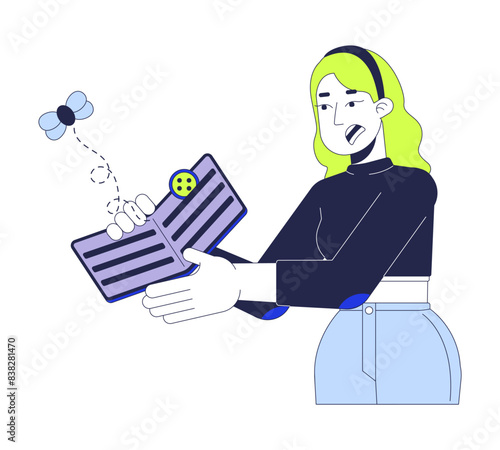 Financial insecurity line cartoon flat illustration. Disappointed caucasian woman with empty wallet 2D lineart character isolated on white background. Lack of money scene vector color image