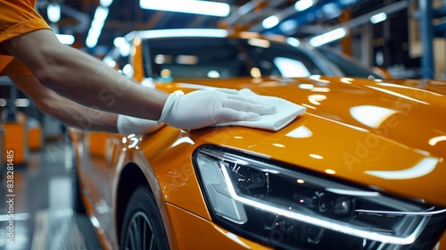 Wallpaper Mural an employee of a car detailing salon polishes a sports business car with special products and cloth while wearing gloves. Generative ai    Torontodigital.ca