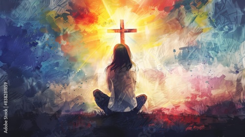 A young woman kneeling and looking at a cross with rays of light watercolor painting photo