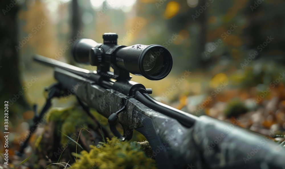 A detailed image of a precision rifle with a scope lying on a bed of fallen autumn leaves, with a blurred forest background. A detailed image of a precision rifle with a scope lying on a bed of fallen autumn leaves, with a blurred forest background.