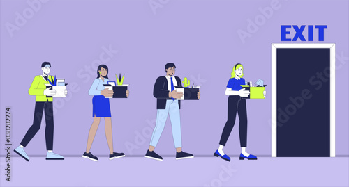 Big layoff cartoon flat illustration. Fired workers. Multiethnic employees group leaving office 2D line characters colorful background. Unemployment growth scene vector storytelling image