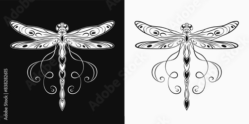 Fantasy dragonfly with curled antennae, stretched wings in Art Nouveau style. Single isolated colorful illustration in vintage style. Top view.