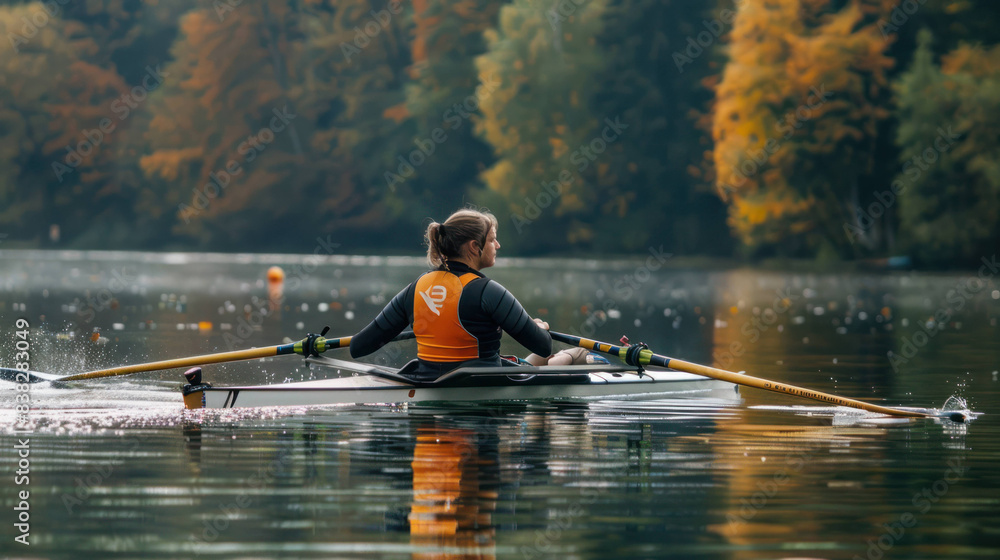 Strong and Determined Woman Rowing with Prosthetic Hand on a Serene Lake Strong and Determined Woman Rowing with Prosthetic Hand on a Serene Lake