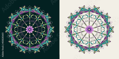 Circular ornament like mandala with chamomile flower in center, fantasy colored dragonfly with curled antennae in Art Nouveau style. Vintage style.