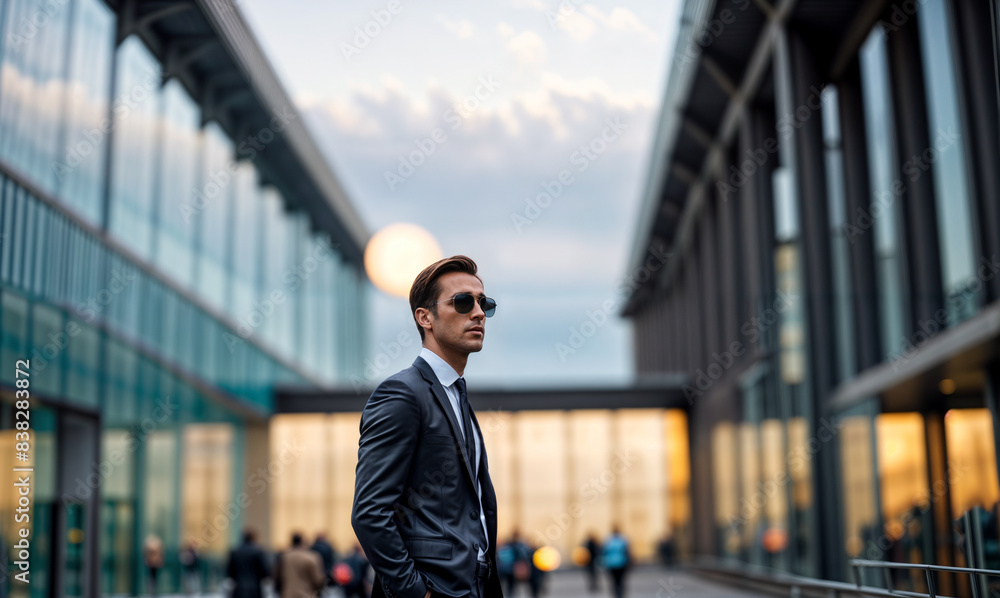 man in a suit and sunglasses walks on a city street, facing away from the camera. man in a suit and sunglasses walks on a city street, facing away from the camera.