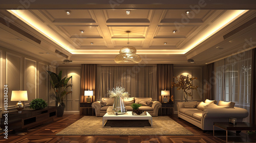 Beautiful living room with coffered ceiling and pendant lighting