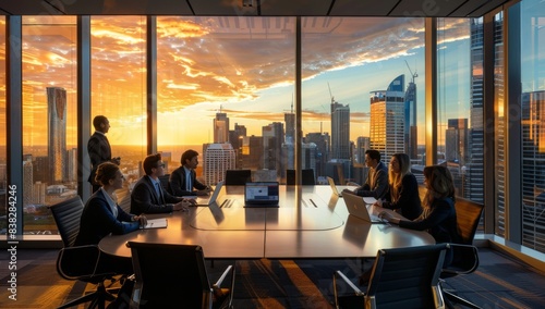 A group of business people in silhouette standing against the backdrop of an illuminated city skyline at sunset, and bokeh creating a dreamy atmosphere, symbolizing unity success work.